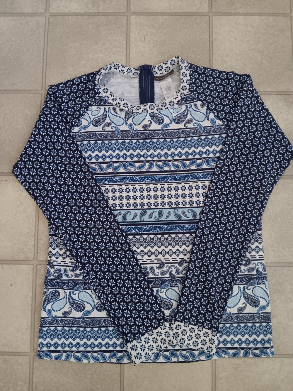 Tommy Bahama Long Sleeve Rash Guard Swim Top - Blue Paisley & Geometric Print XL
